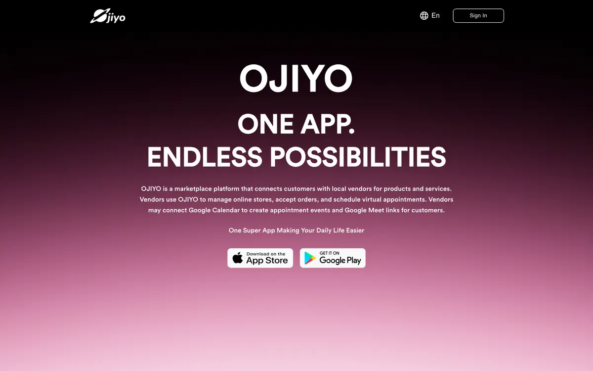 Ojiyo homepage: one app for local products, services and appointments
